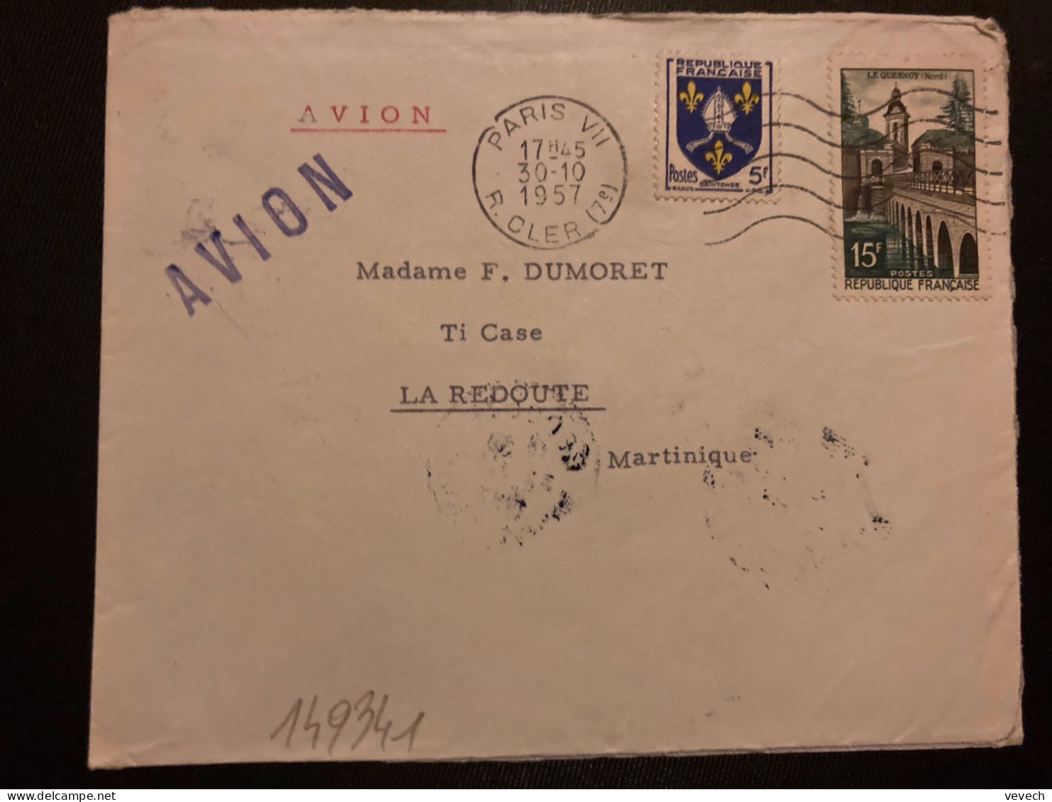 LETTRE Par Avion Pour La MARTINIQUE TP LE QUESNOY 15F + SAINTONGE 5F OBL.MEC.30-10 1957 PARIS VII - Briefe U. Dokumente