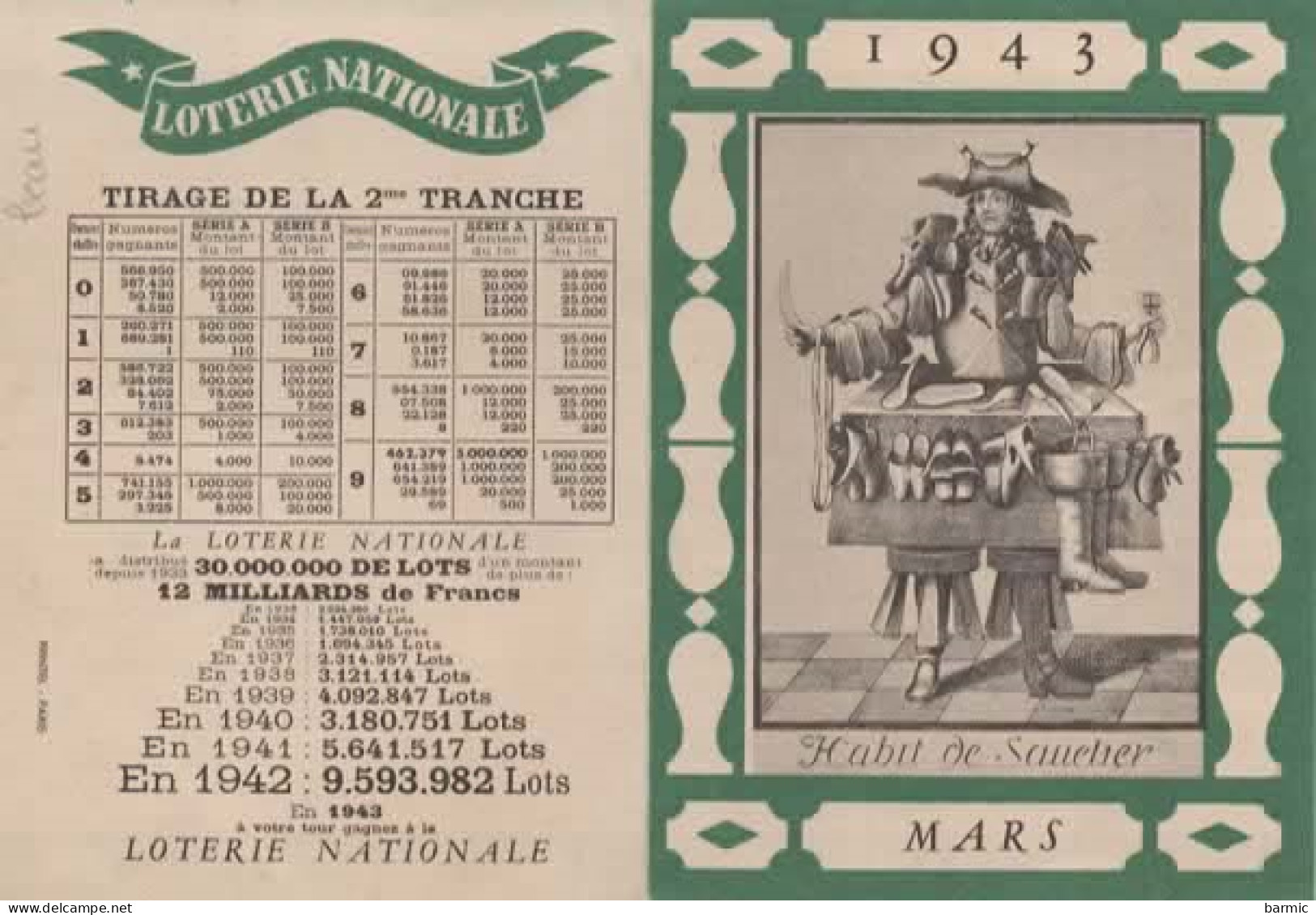 CALENDRIER DES METIERS, MARS 1943, HABIT DE SAVETIER  COULEUR REF 16483 - Petit Format : 1941-60