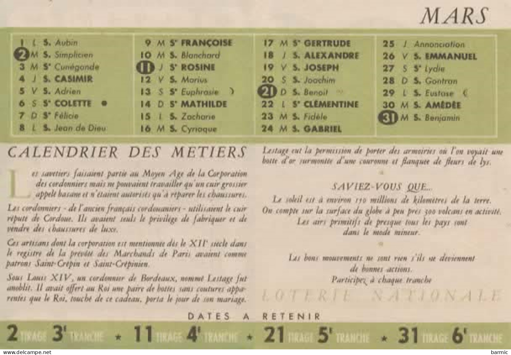 CALENDRIER DES METIERS, MARS 1943, HABIT DE SAVETIER  COULEUR REF 16483 - Petit Format : 1941-60