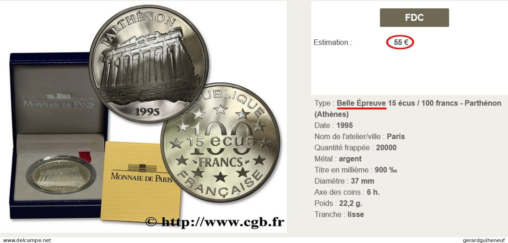 FRANCE : 2 Monnaies 15 Ecus / 100 Francs ARGENT 1995 - Qualité FDC (ou Belle Epreuve) - Vrac - Monnaies