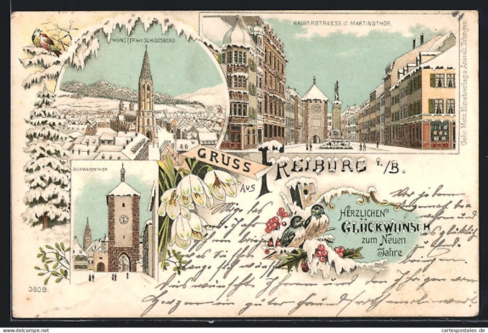 Winter-Lithographie Freiburg I. B., Kaiserstrasse U. Martinsthor, Münster Mit Schlossberg  - Autres & Non Classés