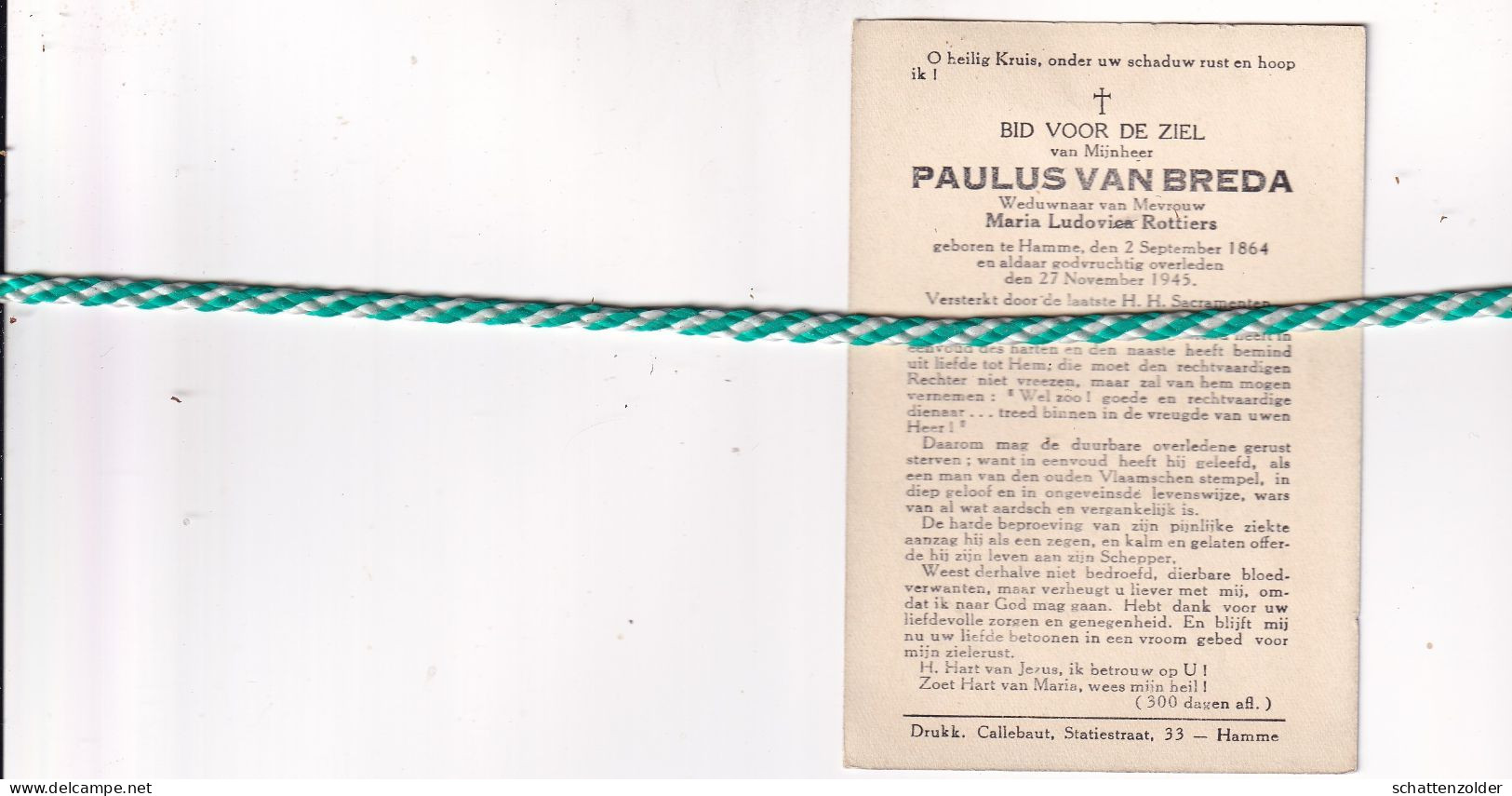 Paulus Van Breda-Rottiers, Hamme 1864, 1945 - Obituary Notices