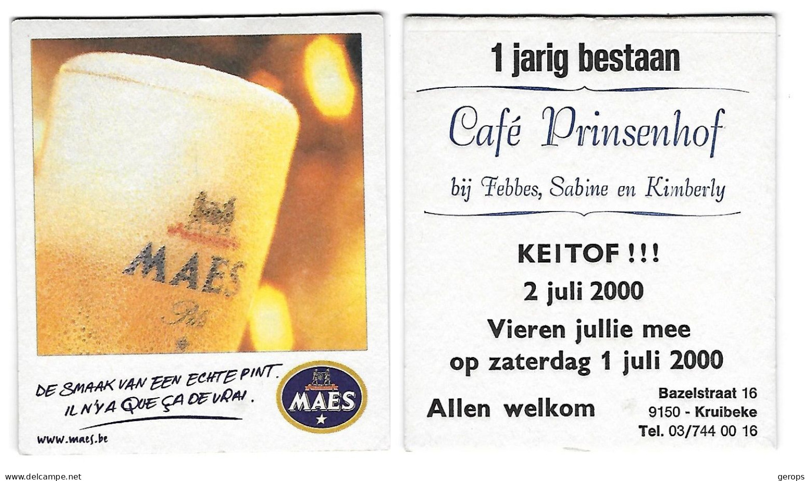 313a Brij. Maes Waarloos Rv Café Prinsenhof Kruibeke 2 Juli 2000 - Beer Mats