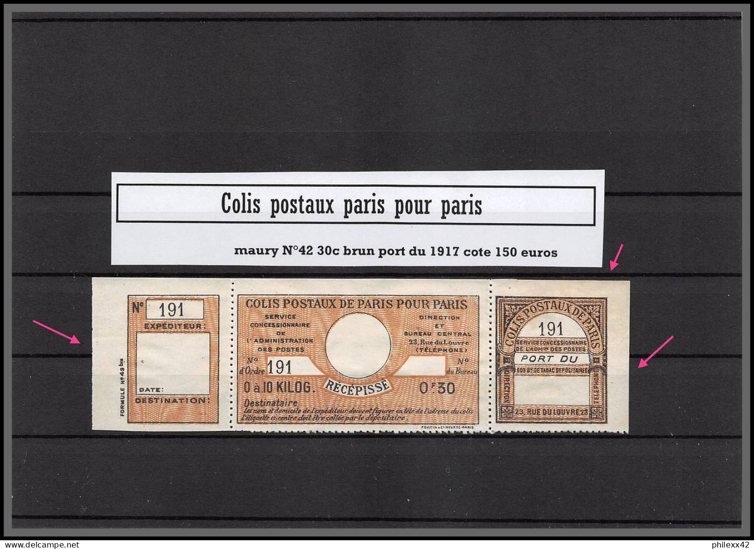 95254b Colis Postaux Paris Pour Paris N°42 30c Brun Port Du 1917 Non Dentelé Imperf 3 Cotés Cote 150 + - Ongebruikt