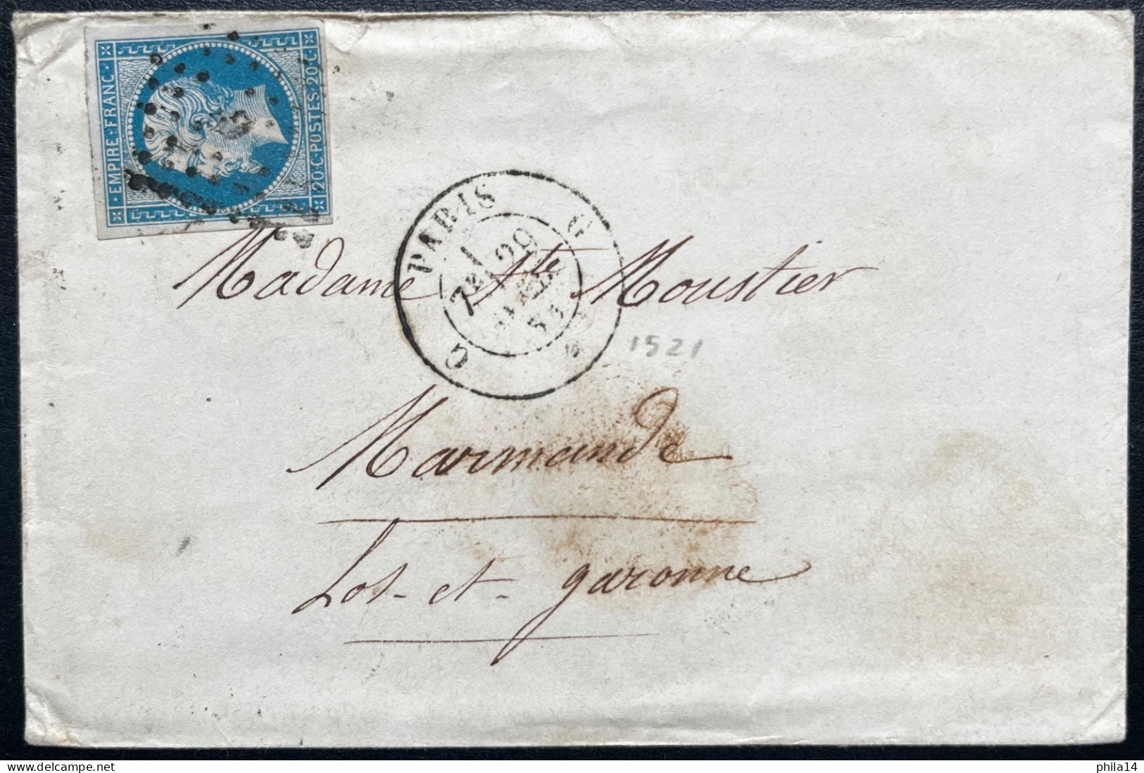 N°14 20c BLEU SUR ENVELOPPE / PARIS G POUR MARMANDE / 29 AVRIL 1858 / LSC - 1849-1876: Klassik