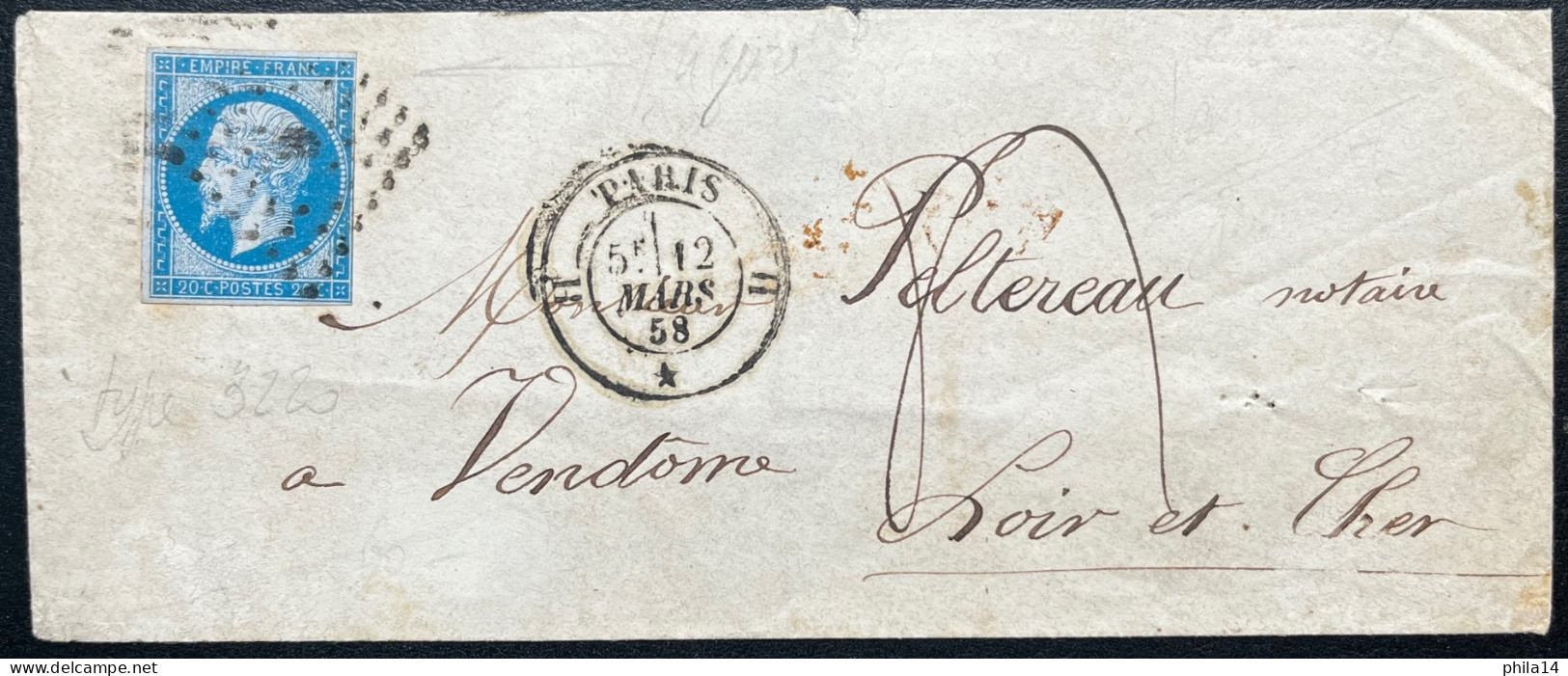 N°14 20c BLEU SUR ENVELOPPE / PARIS H POUR VENDOME / 12 MARS 1858 / LSC / TAXE 4 - 1849-1876: Klassik