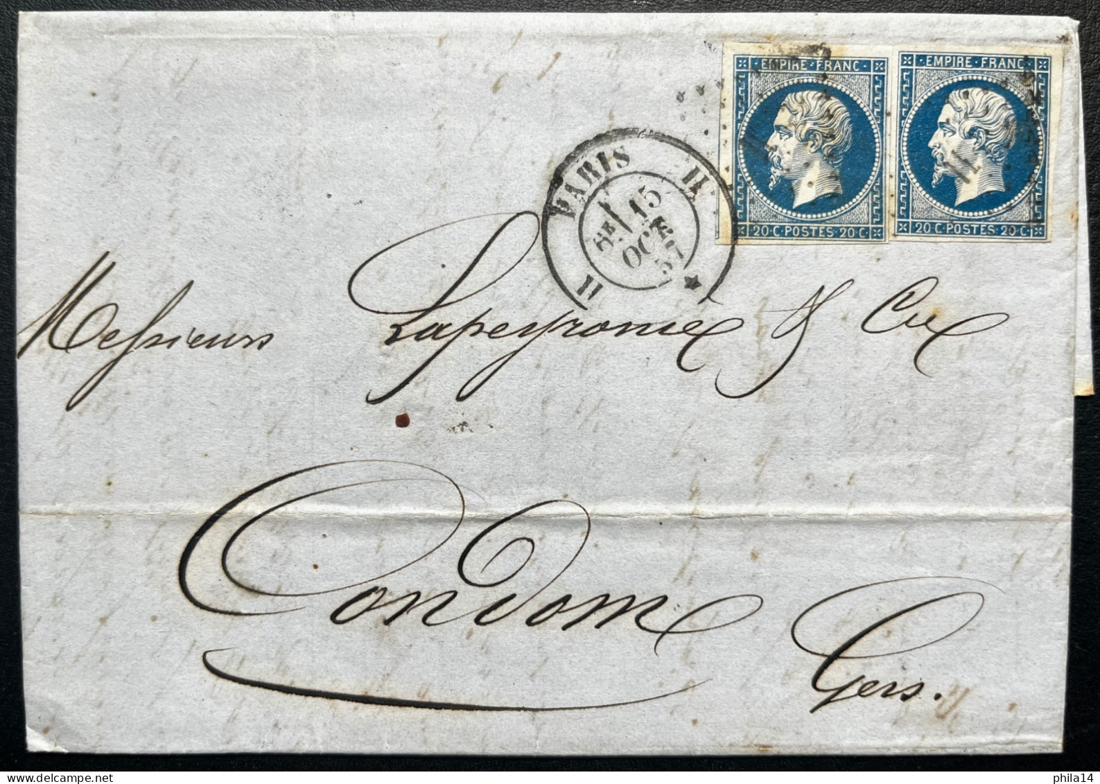 N°14 20c BLEU NAPOLEON SUR LETTRE / PARIS H POUR CONDOM / 15 OCT 1857 / LAC - 1849-1876: Klassik