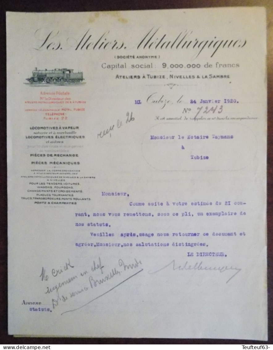 Lettre Avec Gravure Locomotive Ets " Les Ateliers Métallurgiques " Tubize 1920 - 1900 – 1949