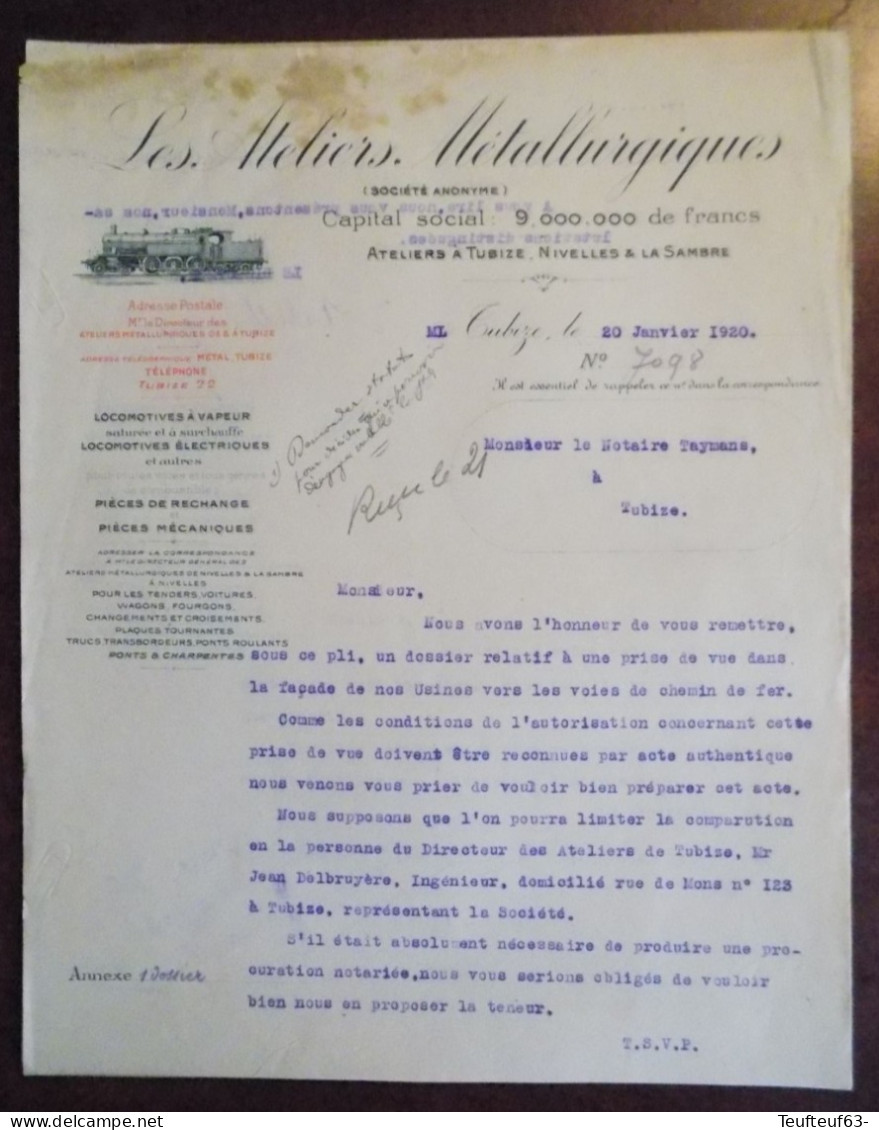 Lettre Avec Gravure Locomotive Ets " Les Ateliers Métallurgiques " Tubize 1920 - 1900 – 1949