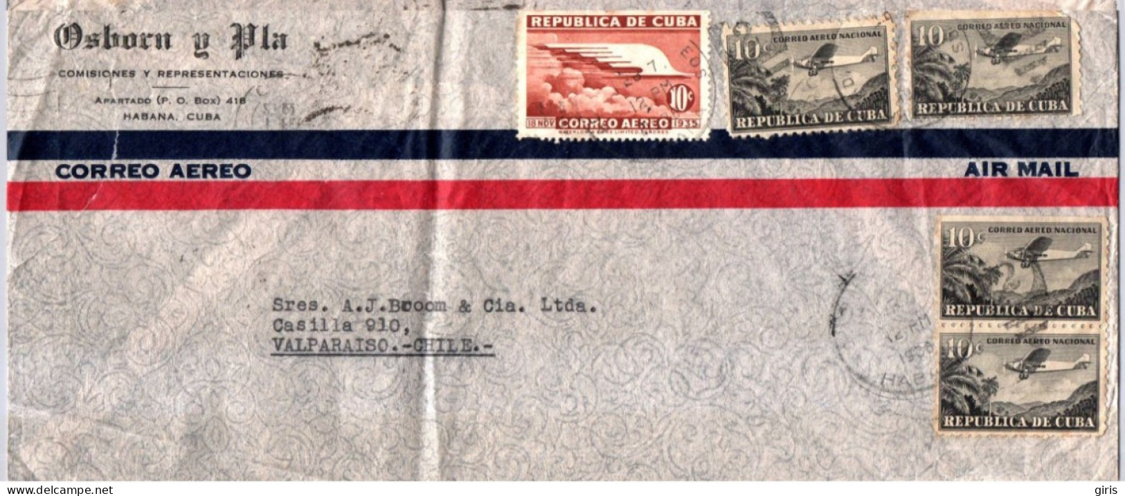 Cuba - Lettre - Obl Cuba - Pour Valparaiso Chili - Air Mai - Andere & Zonder Classificatie