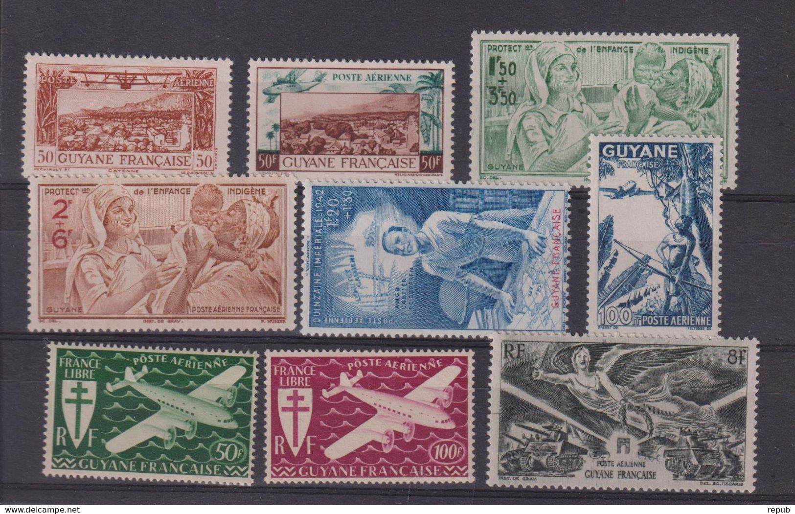 Guyane 1942-46 Divers PA 20 Au 28, 9 Val ** MNH - Ongebruikt