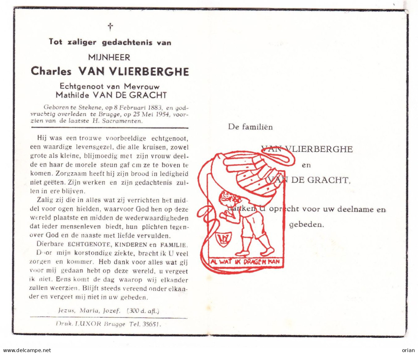 DP Charles Van Vlierberghe ° Stekene 1883 † Brugge 1954 X Mathilde Van De Gracht - Imágenes Religiosas
