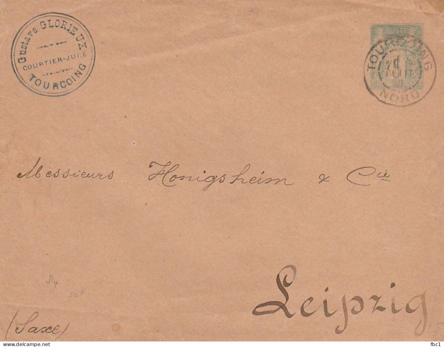 Entier Postal - Enveloppe 5 Centimes Sage  Tourcoing Vers Leipzig (Allemagne) - 1891 - Enveloppes Types Et TSC (avant 1995)