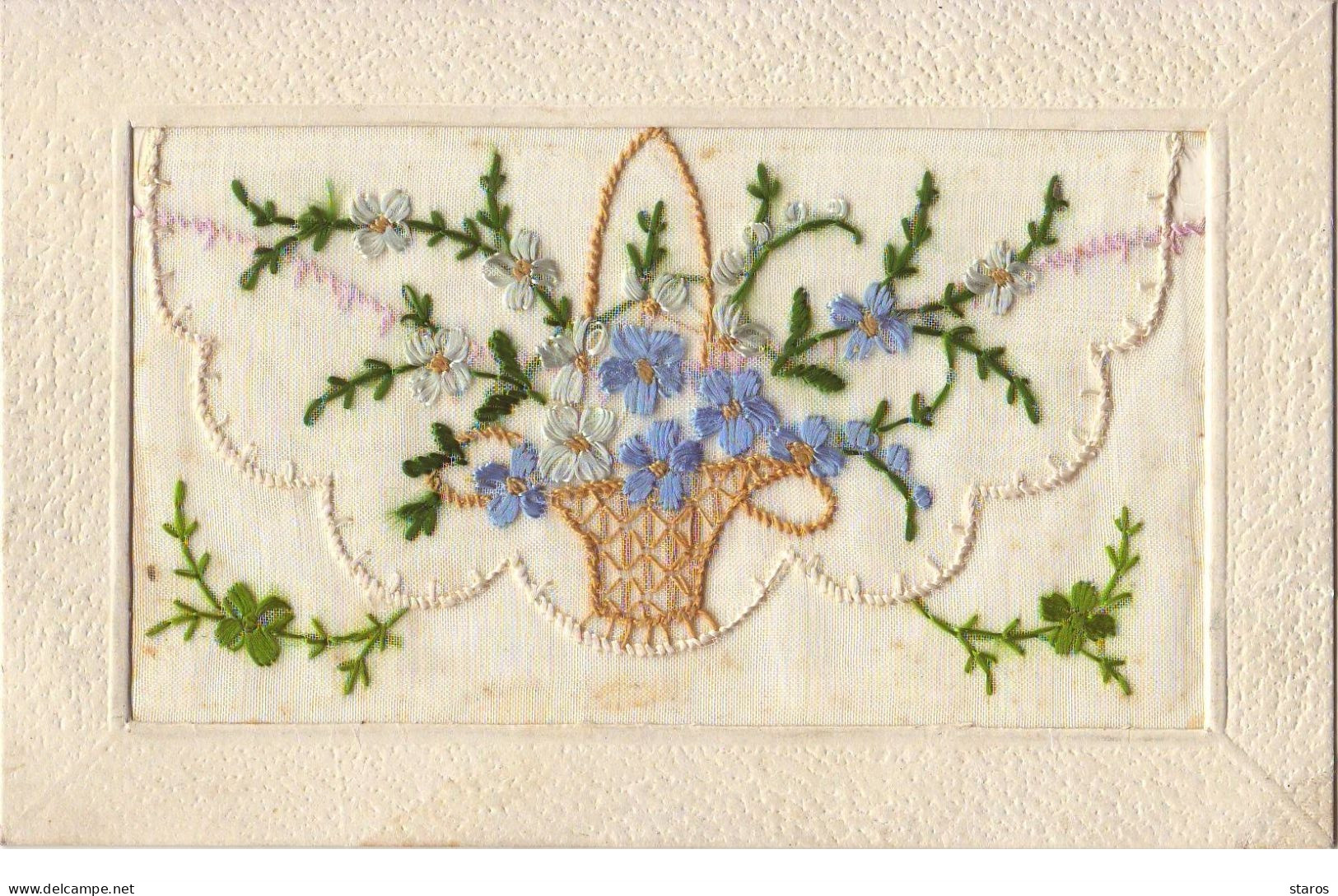 Carte Brodée Avec Rabat - Panier Rempli De Fleurs, Myosotis - Bestickt