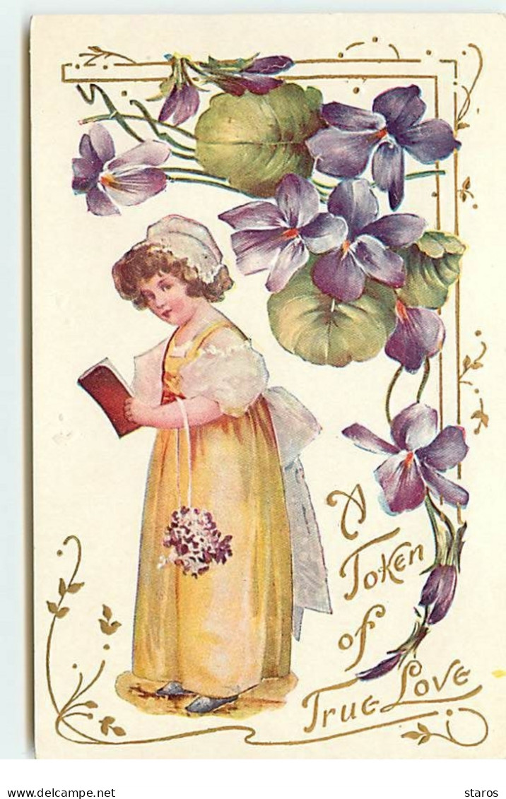 Carte Gaufrée - A Token Of True Love - Fillette Sous Des Violettes - Saint-Valentin