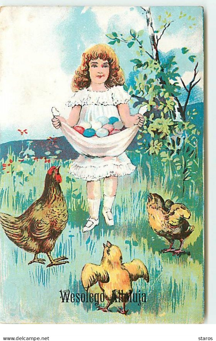 Carte Gaufrée - Joyeuses Pâques - Fillette Portant Un Oeuf Rempli De Fleurs - Ostern