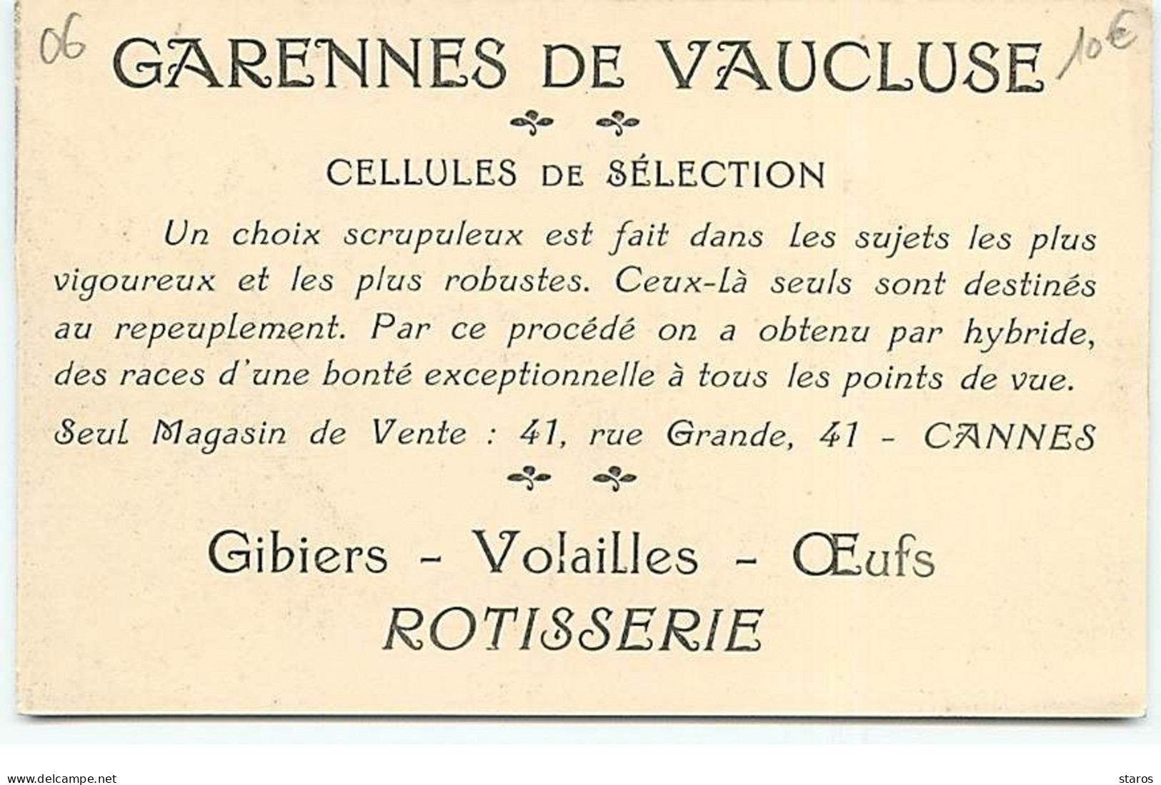 CANNES - 41 Rue Grande - GARENNES De VAUCLUSE - Cellules De Sélection - Gibiers - Volailles - Cannes