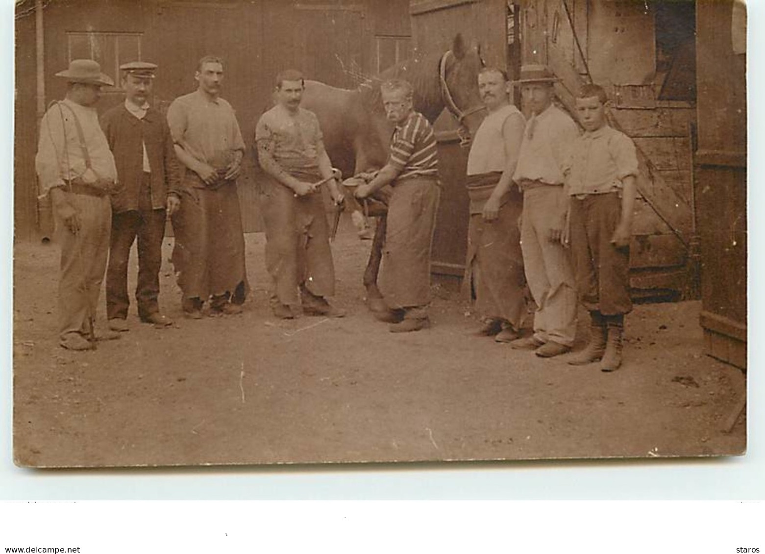 Carte Photo - Hommes Autour D'un Maréchal-ferrant Posant Un Fer - Ambachten