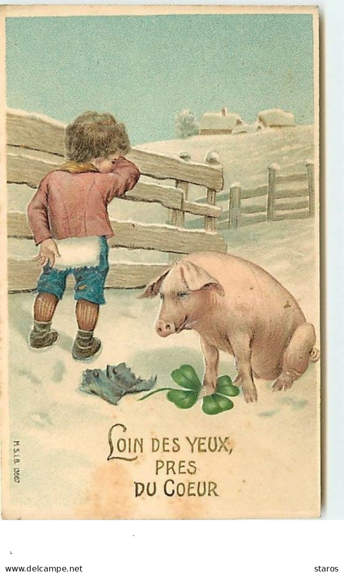 Carte Gaufrée - Loin Des Yeux Près Du Coeur - Garçon Et Cochon - Other & Unclassified