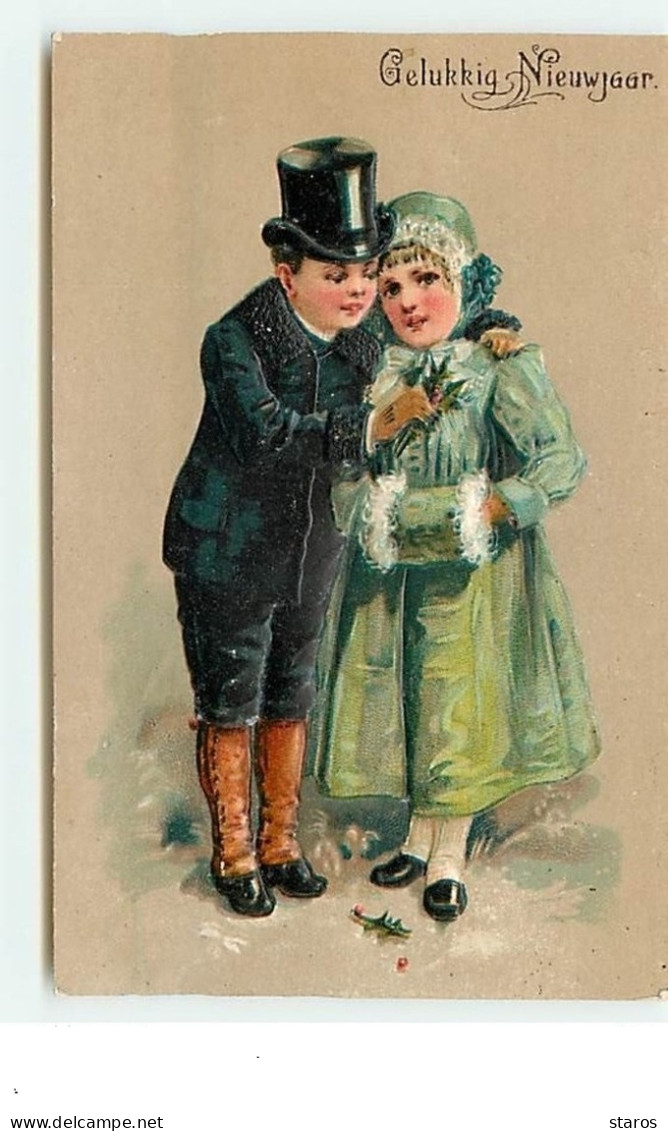 Carte Gaufrée - Gelukkig Nieuwjear - Couple D'enfants - New Year