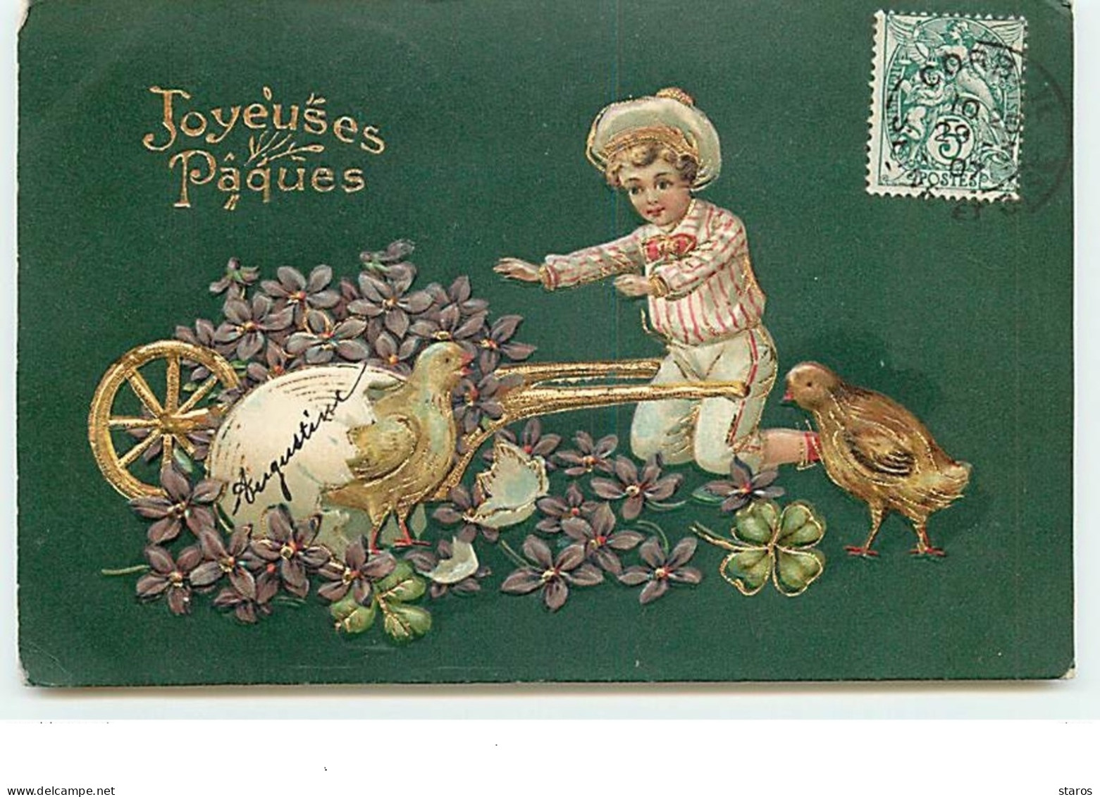 Carte Gaufrée - Joyeuses Pâques - Garçon Devant Une Brouette Tout Est Tombé Un Poussin - Ostern