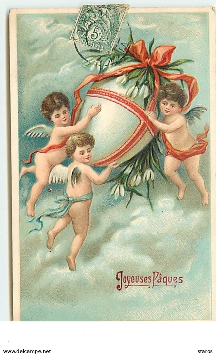 Carte Gaufrée - Joyeuses Pâques - Anges Apportant Un Oeuf - Ostern