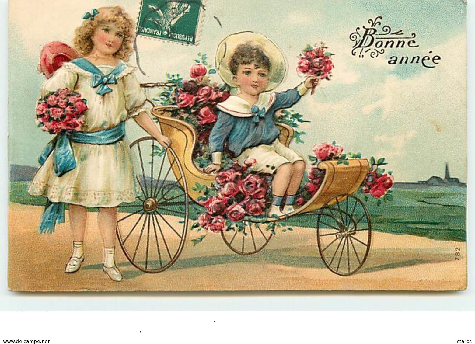 Carte Gaufrée - Bonne Année - Enfants Dans Une Charette Remplie De Fleurs - Anno Nuovo