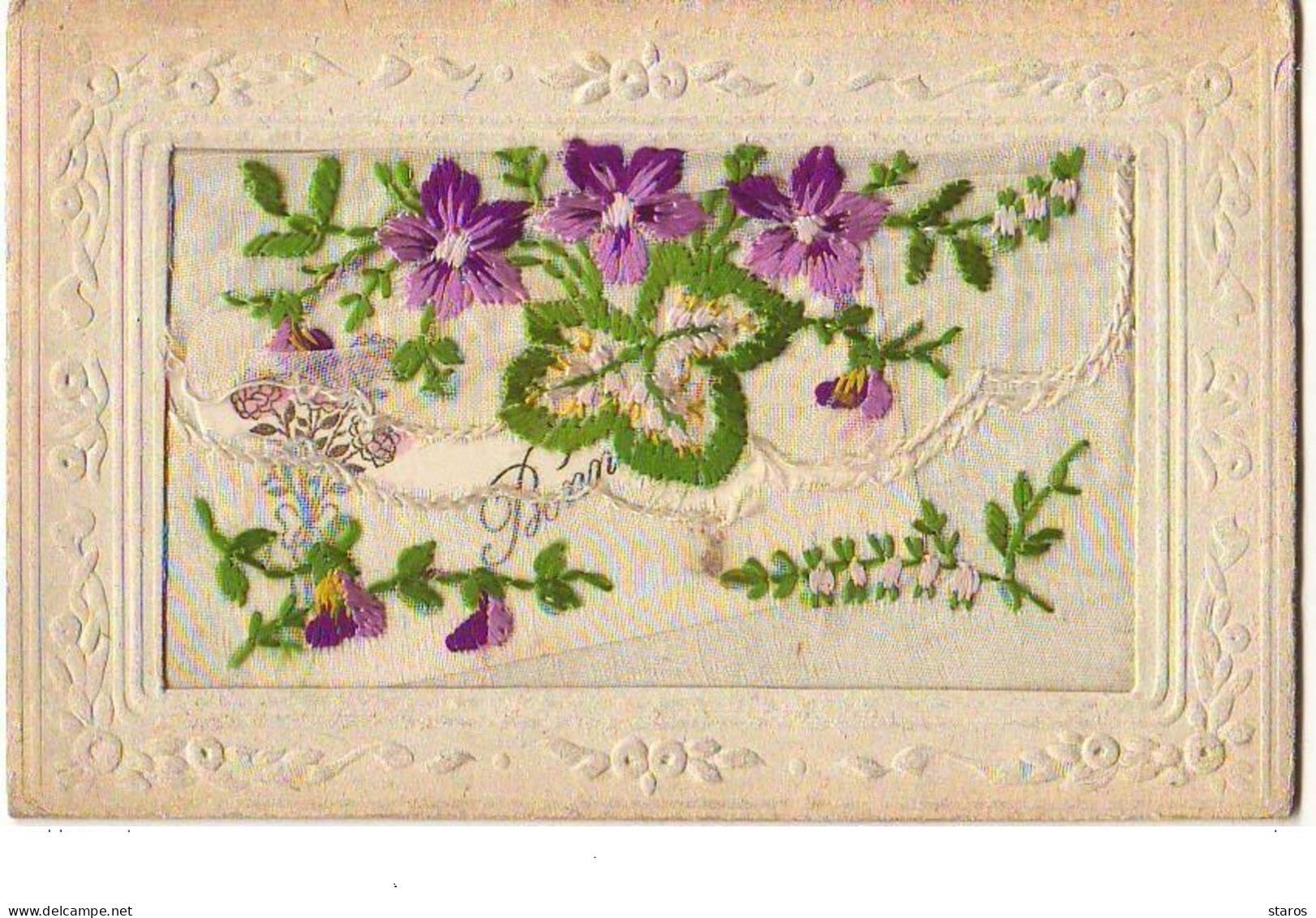 Carte Brodée Avec Rabat - Fleurs Violettes - Bestickt