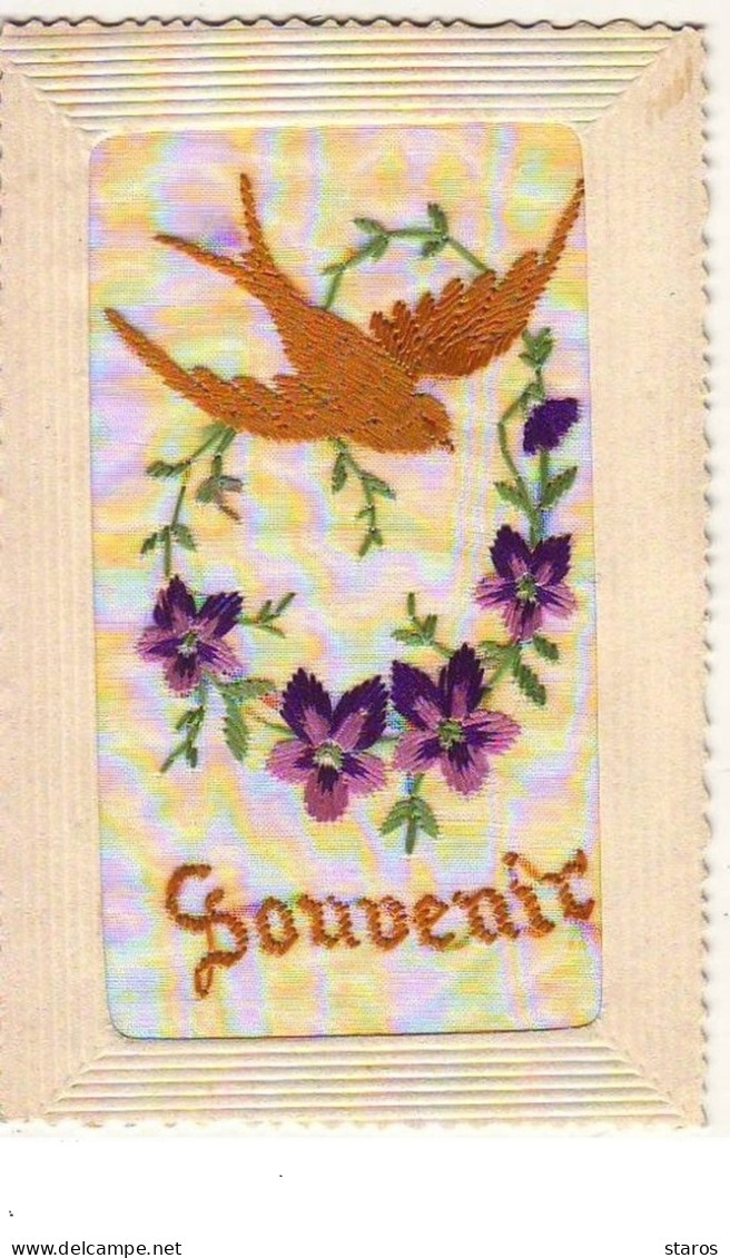 Carte Brodée - Souvenir - Hirondelle Et Fleurs - Bestickt