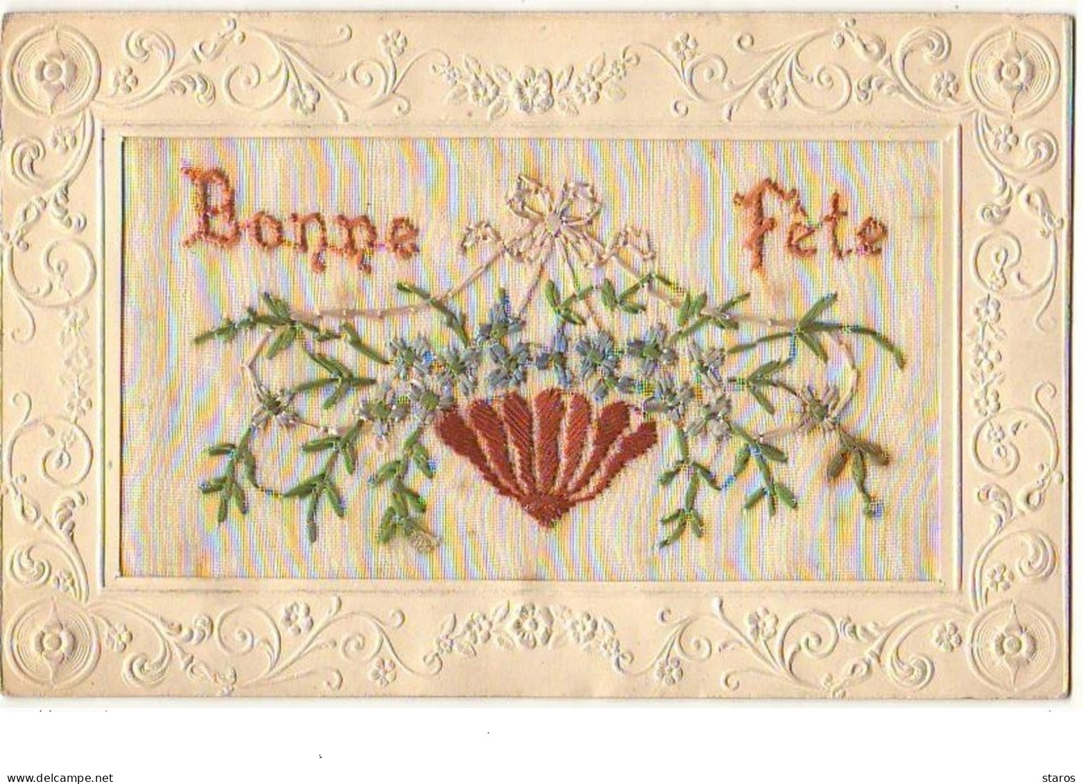Carte Brodée - Bonne Fête - Panier Rempli De Fleurs - Bestickt