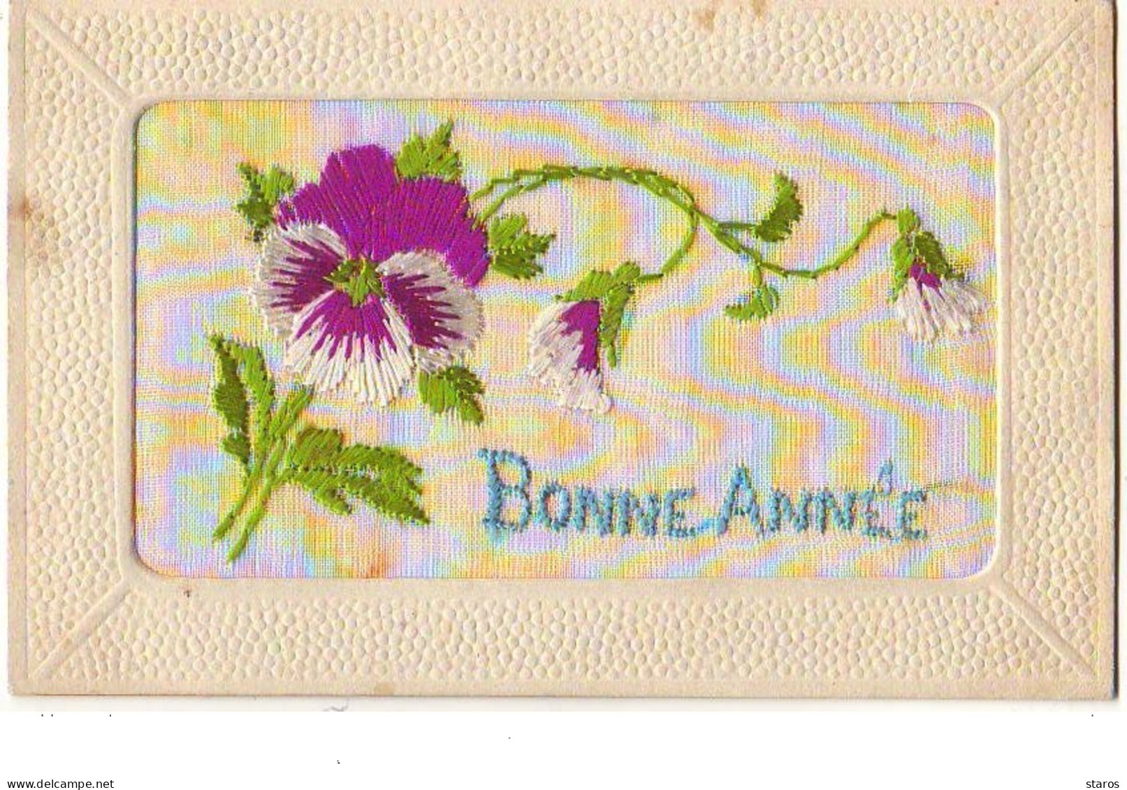 Carte Brodée - Bonne Année - Pensée - New Year