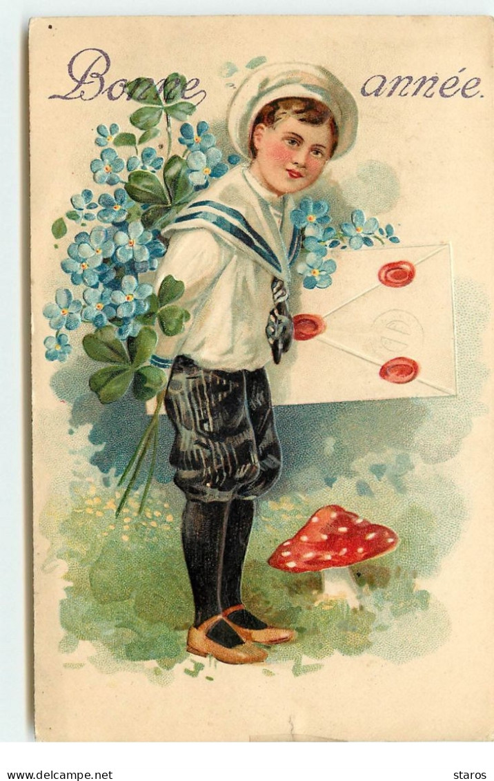 Carte Gaufrée - Bonne Année - Garçon Habillé En Marin, Apportant Une Lettre Et Des Myosotis - Champignon - New Year