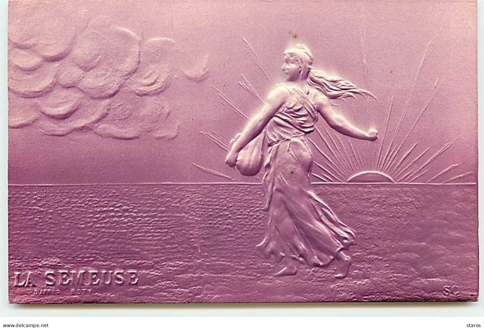 Carte Gaufrée - Représentation De Timbres - La Semeuse D'après Roty - Violet - Briefmarken (Abbildungen)