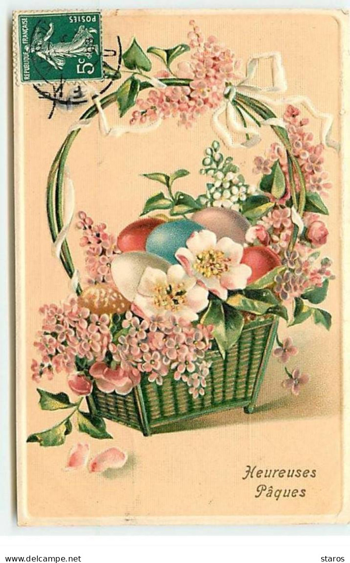 Carte Gaufrée - Pâques - Heureuses Pâques - Panier Rempli De Lilas Et D'Oeufs - Pâques