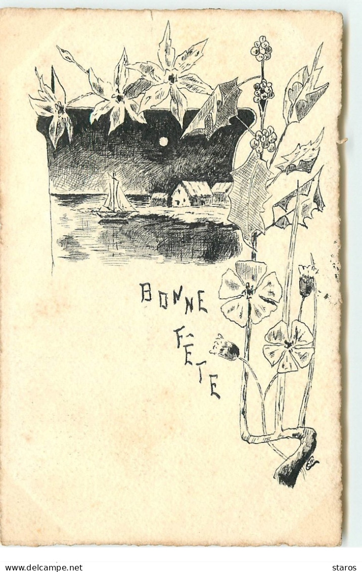 Bonne Fête - Dessin à La Plume - Paysage Dans La Nuit, Voilier - Other & Unclassified