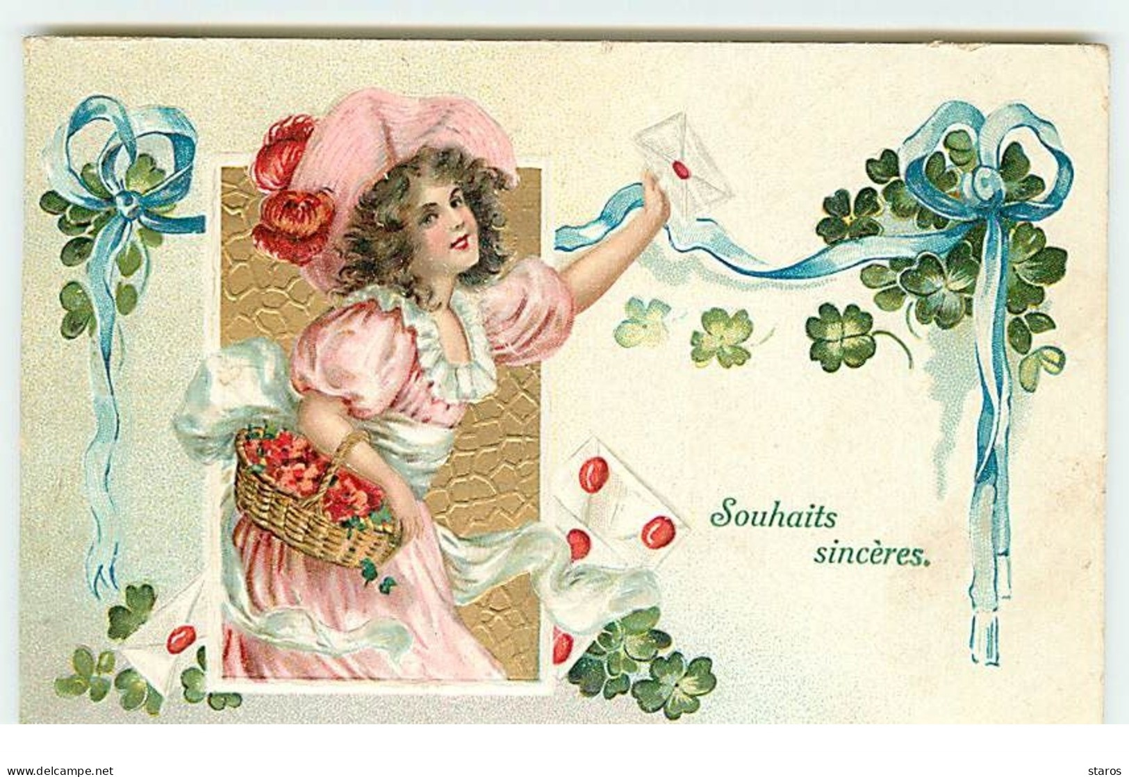 Carte Gaufrée - Souhaits Sincères - Jeune Fille Avec Des Lettres Et Un Panier Rempli De Fleurs - Otros & Sin Clasificación