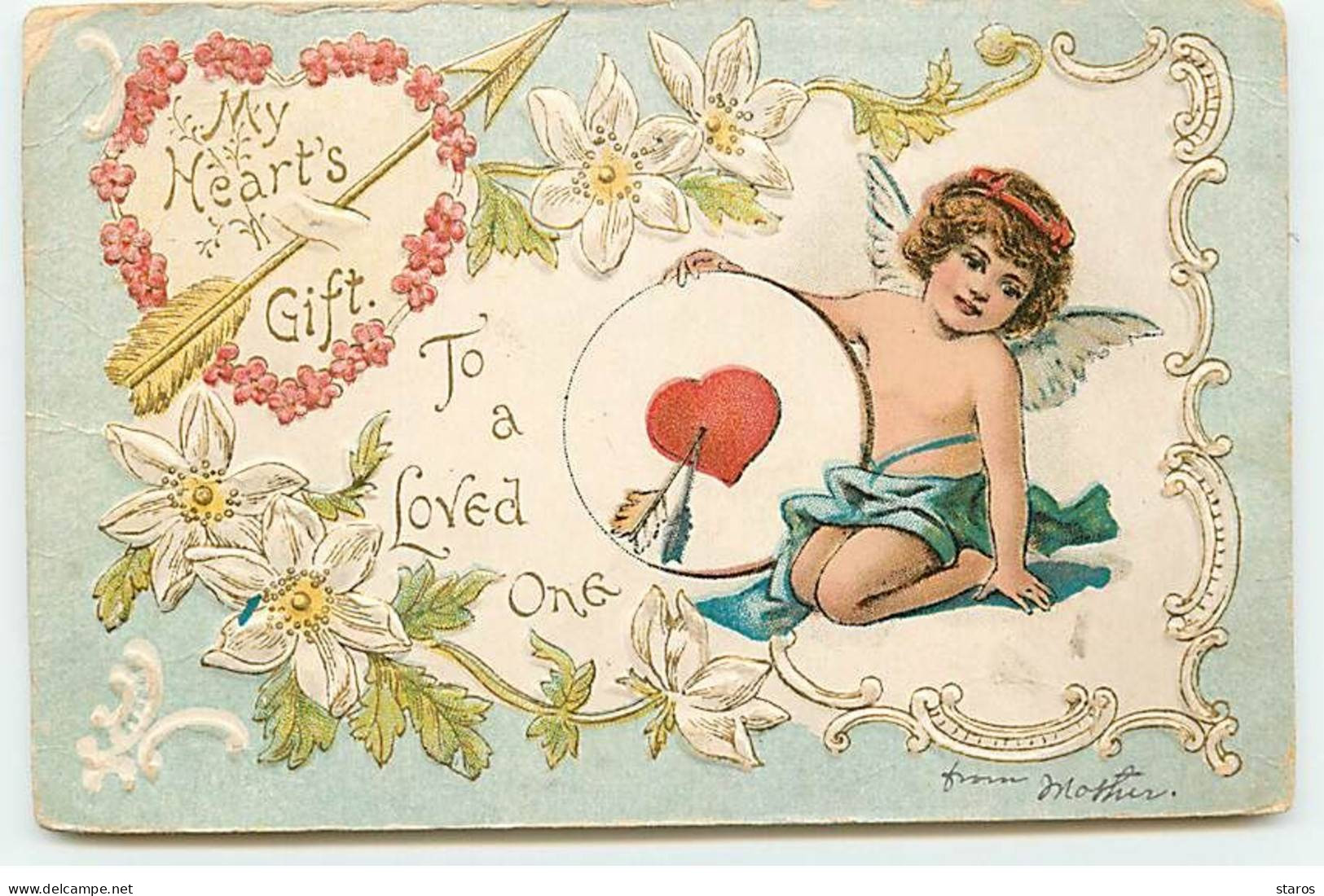 Carte Gaufrée - Saint-Valentin - My Heart's Gift Ti A Loved One - Cupidon Près D'une Cible - Saint-Valentin