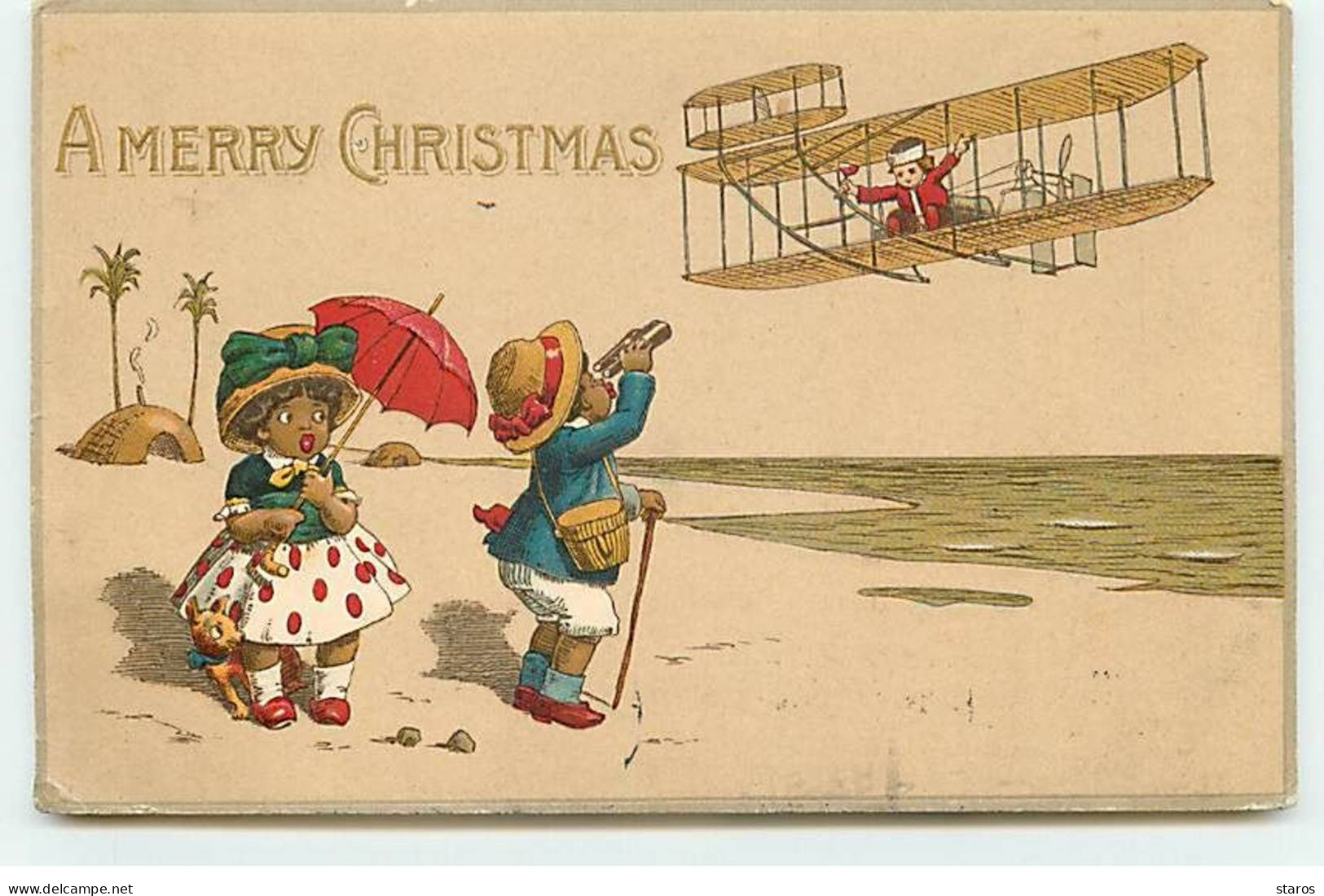 Carte Gaufrée - A Merry Christmas - Enfants Sur Un Plage Regardant Un Avion - Otros & Sin Clasificación