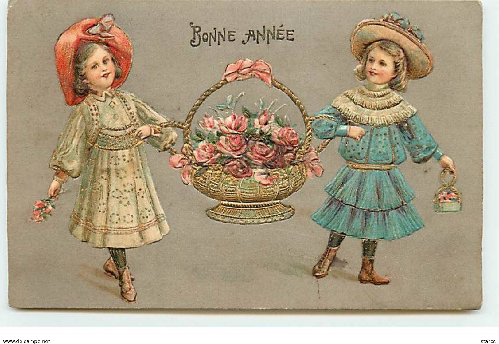 Carte Gaufrée - Nouvel An - Bonne Année - Fillettes Portant Un Grand Panier Rempli De Roses - New Year