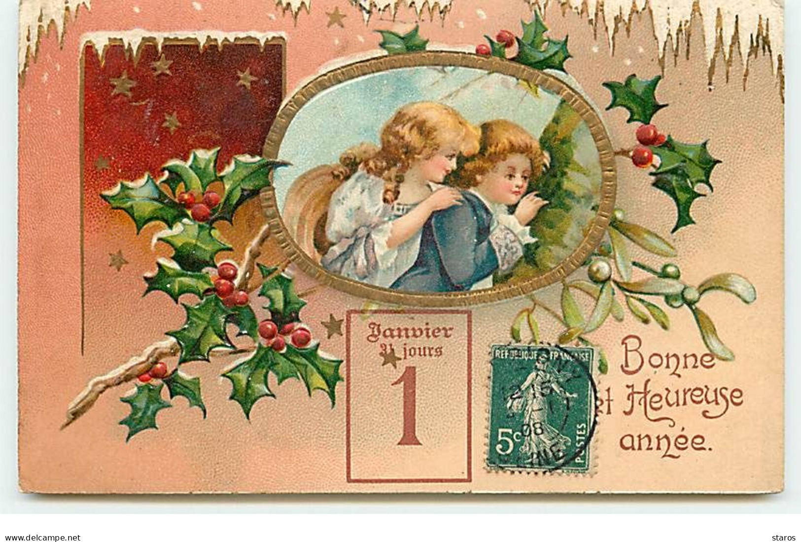 Carte Gaufrée - Clapsaddle - Bonne Et Heureuse Année - Deux Enfants Dans Un Médaillon - Nieuwjaar
