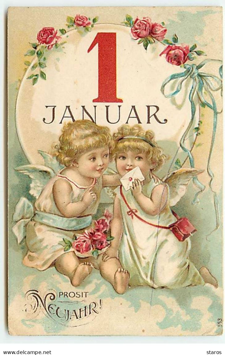 Carte Gaufrée - Nouvel An - Prosit Neujahr - Anges, L'un Chuchotant à L'oreille De L'autre - Año Nuevo