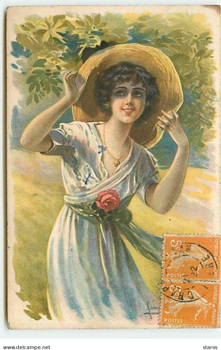 Fantaisie - Jeune Fille Portant Une Rose Et Un Chapeau De Paille - Frauen