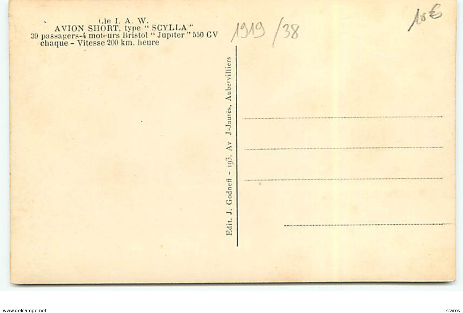 Compagnie I.A.W. Avion Shiort Scylla - 39 Passagers, 4 Moteurs Bristol Jupiter 530 CV Chaque - 1919-1938: Interbellum