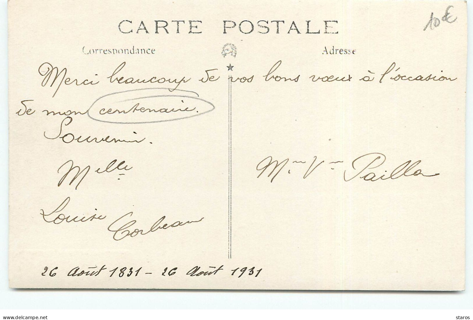 Carte Photo - Centenaire De Mlle Louise Corbeau 1831 -1931 - A Identifier