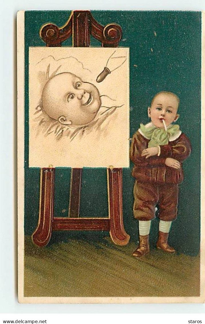 Carte Gaufrée - Garçon Près D'un Tableau De Bébé - Bébés