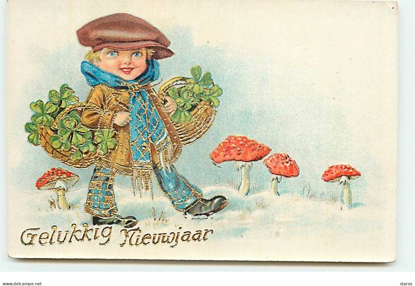 Nouvel An - Gelukkig Nieuwjaar - Garçon Portant Des Paniers Remplis De Trèfles Et Marchant Parmi Des Champignons - New Year