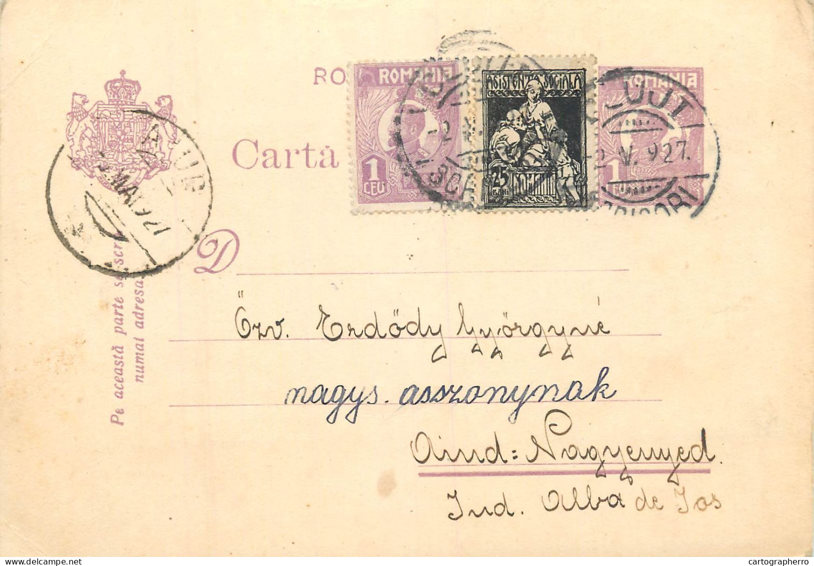 Romania Postal Card Royalty Franking Stamps 1927 Aiud - Rumänien