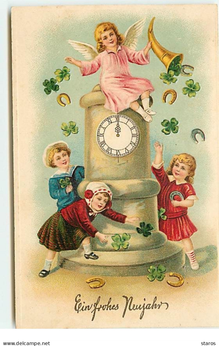 Carte Gaufrée - Ein Frohes Neujahr - Enfants Ramassant Des Portes Bonheurs Lancés Par Un Ange - New Year