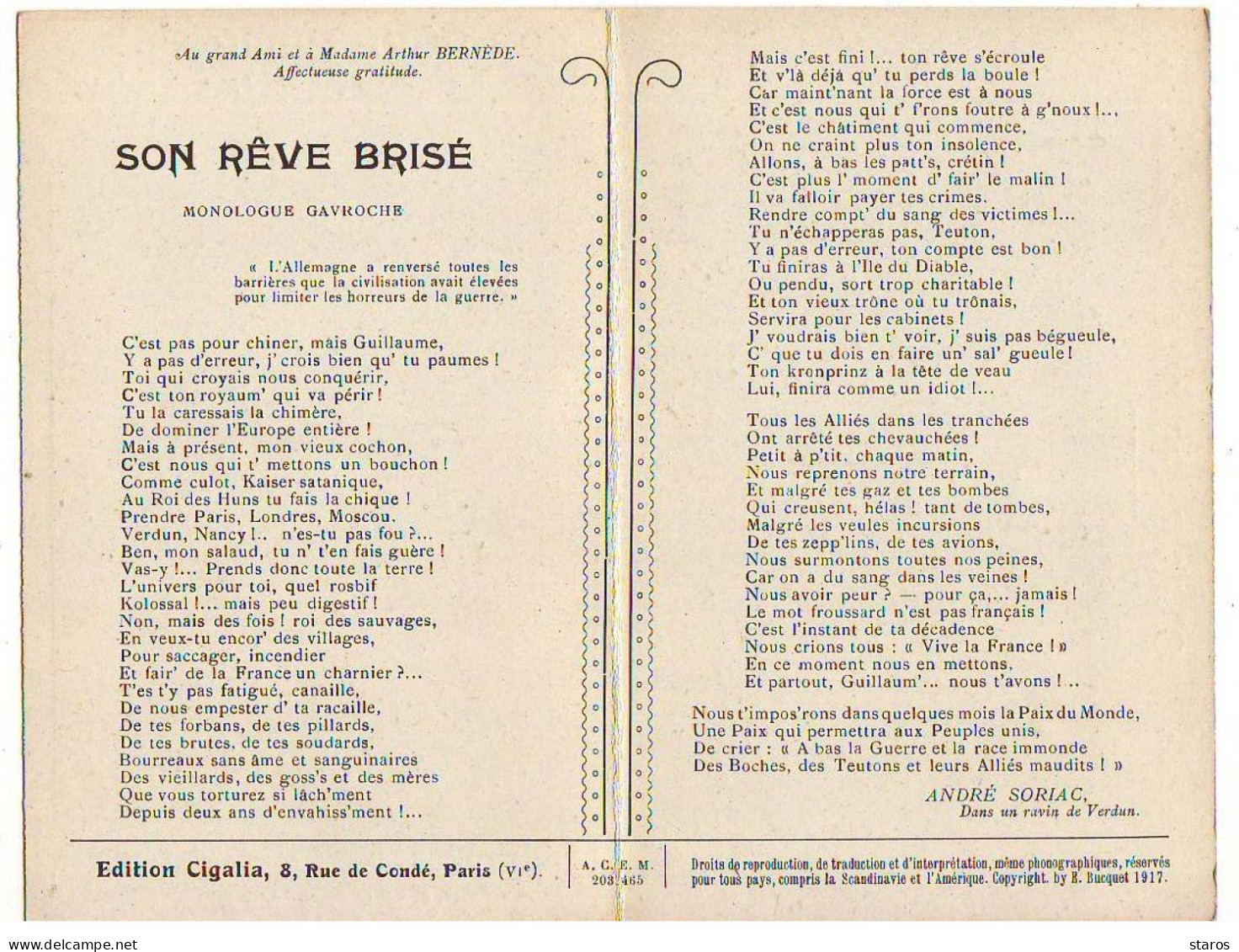 Politique - Satirique - Guillaume II - Son Rêve Brisé - Monologue Gavroche D'André Soriac - Satiriques