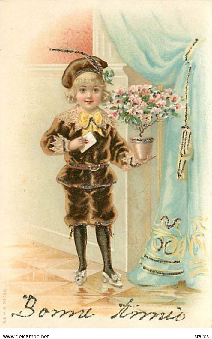 Bonne Année - Jeune Garçon Apportant Un Pot De Fleurs - Carte à Paillettes - New Year